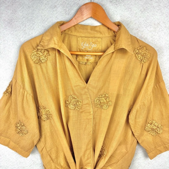 NWT Anthropologie Kyla Seo Bohemian Yellow Embroidered 100% Cotton Blouse Sz S - Picture 3 of 11